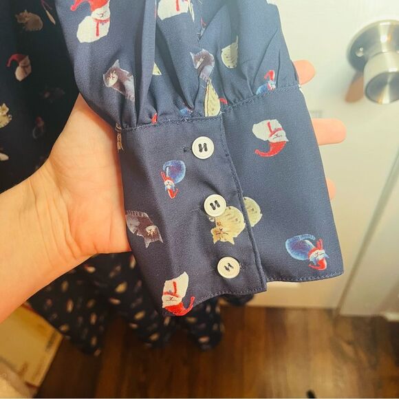 Modcloth Romantic Era Button Front Midi Dress Santa Cat Print Christmas Navy XL - Picture 8 of 13